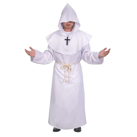 Medieval Monk Robe Cosplay Costume Halloween Priest Wizard Outfit Hooded Cloak With Belt And Cross Necklace
