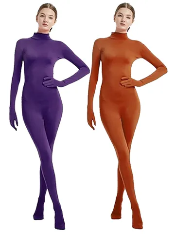 Women's Solid Color Full Body Bodysuit Stretchy Spandex Zentai Suit Long Sleeve Mock Neck Performance Dancewear