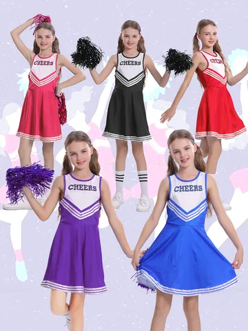 Kids Cheerleader Costume Girls Sleeveless V Neck Dress Stage Performance Party Outfit With Letter Print Milk Silk