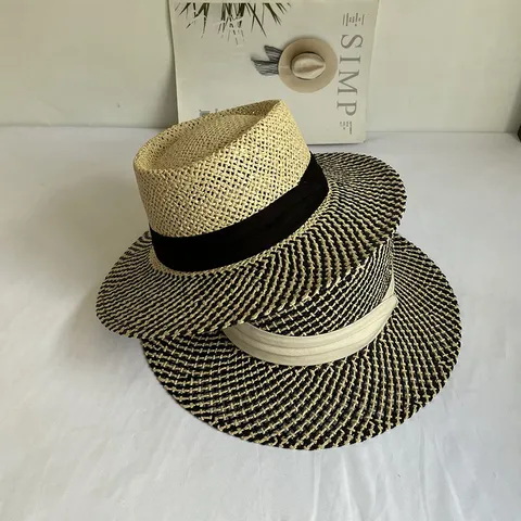 Vintage British Style Paper Straw Boater Hat For Women Flat Top Wide Brim Sun Protection Ribbon Bow Straw Beach Cap