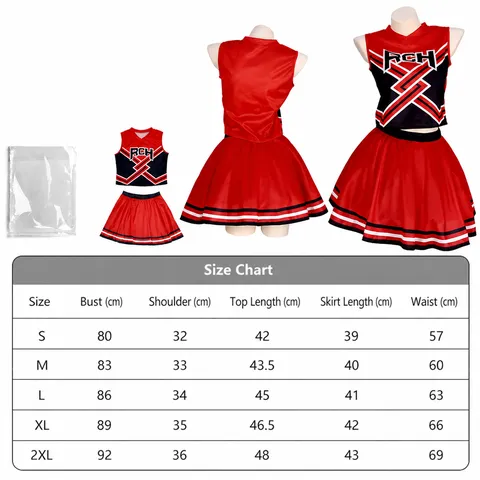 Women Cheerleader Cosplay Costume Set Red Black Contrast V Neck Crop Top Pleated Skirt Stage Performance Outfit