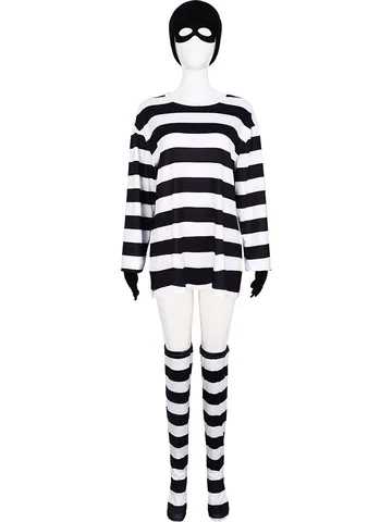 Halloween Thief Cosplay Costume Long Sleeve Striped Top Hat Gloves Socks Set Adult Party Stage Performance Suit