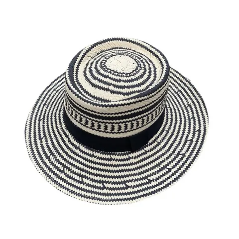 Vintage Raffia Straw Hat Flat Top Wide Brim Sun Hat Black White Color Block Panamania Fedora Beach Ribbon Sunhat For Women