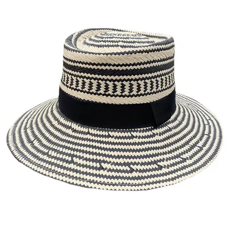 Vintage Raffia Straw Hat Flat Top Wide Brim Sun Hat Black White Color Block Panamania Fedora Beach Ribbon Sunhat For Women
