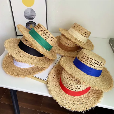 Sombrero de Paja de Verano para Mujer Ala Ancha Borde Sin Coser Sombrero de Sol Copa Plana Vacaciones en la Playa Sombrero de Rafia Con Cinta