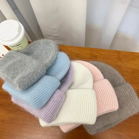 Vrouwen Winter Warm Gebreide Muts Konijnenbontmix Verdikt Zacht Effen Kleur Slouchy Schedel Muts Outdoor Mode Hoofddeksel