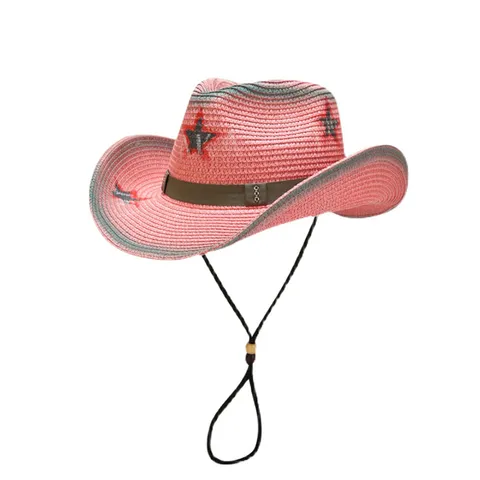 Damen Western Cowboyhut Stroh Sonnenschutzhut Rosa Breite Krempe Pentagramm Graffiti Vintage Stil Sommer Strandhut