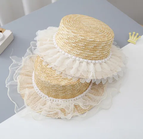 Kinder Leuke Stro Zonnenhoed Parel Mesh Strik Platte Top Strandhoed Zomer Outdoor Zonnebescherming Voor Peuter Baby
