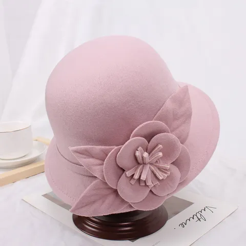 Dames Winter Wol Fedora Hoed Britse Vintage Bucket Hat Elegante Florale Vilt Cap Dames Warme Mode Accessoires