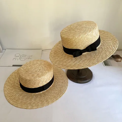 Damen Strohhut Handgemachter Flacher Strohhut Mit Breiter Krempe Und Schleifenband Sommer Sonnenschutz Strandhut
