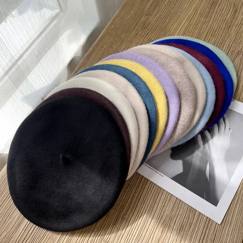 Sombrero de Boina de Lana Vintage Británica para Mujer Otoño Invierno Cálido Boina Lisa Con Etiqueta de Metal Forro Floral