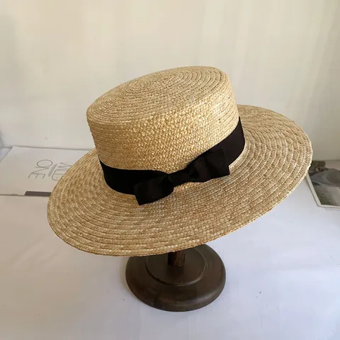 Damen Strohhut Handgemachter Flacher Strohhut Mit Breiter Krempe Und Schleifenband Sommer Sonnenschutz Strandhut