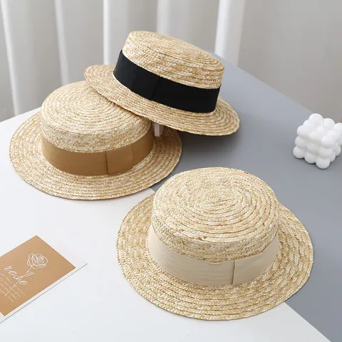 Sombrero de Paja de Verano para Niños Ala Ancha Copa Plana Sombrero de Sol Con Cinta Gorra de Viaje