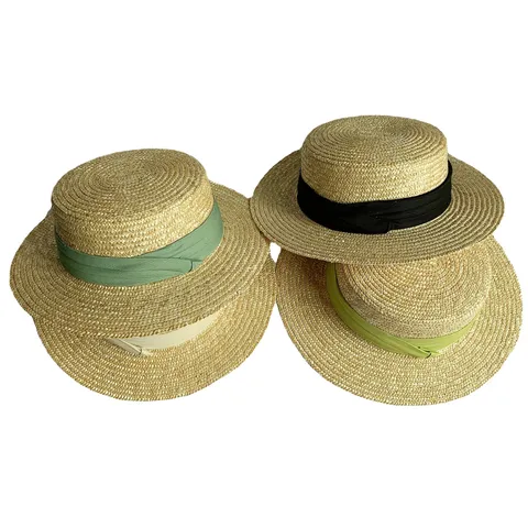 Women Vintage Flat Top Straw Hat Summer Beach Sun Protection Wide Brim Ribbon Hat Straw Woven Fedora Panama Hat