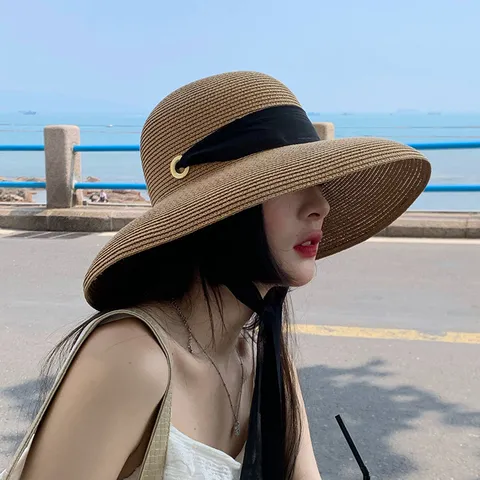 Chapeau de Paille à Large Bord pour Femmes Style Hepburn Français Chapeau de Plage de Protection Solaire avec Ruban Chapeau d'Extérieur d'Été