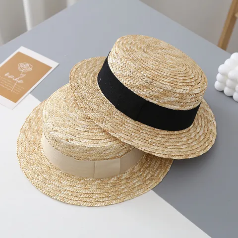 Sombrero de Paja de Verano para Niños Ala Ancha Copa Plana Sombrero de Sol Con Cinta Gorra de Viaje
