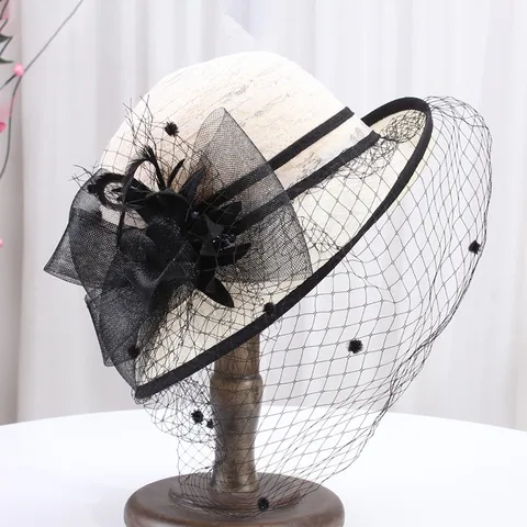 Women Summer Sun Protection Sun Hat French Vintage Lace Mesh Dome Fedora Hat Floral Beach Wide Brim Hat