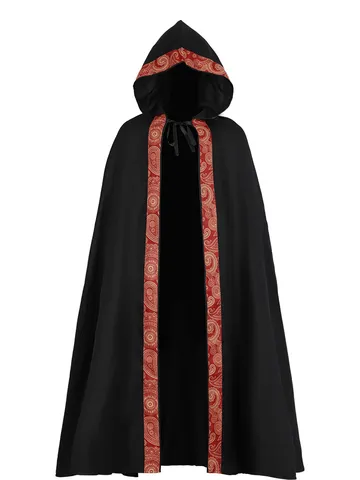 Halloween Medieval Hooded Cloak Unisex Adult Gothic Renaissance Cape With Red Gold Lace Trim Cosplay Costume