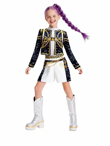 Kids Kpop Performance Costume Demon Hunter Girl Group Cosplay Outfit 3D Printed Jacket And Shorts Set