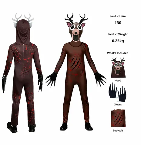 Kids Adults Horror Deer Monster Cosplay Costume Bodysuit With Mask Gloves Halloween Party Dress Up Apparel Outfit