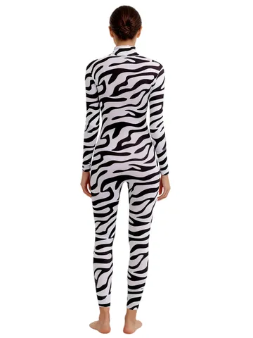 Women Kids Zebra Printed Long Sleeve Stand Collar Jumpsuit Halloween Party Cosplay Costume