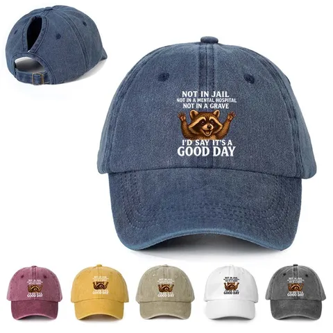 Gorra de Béisbol de Coleta de Poliéster Desgastado Con Estampado de Mapache Sombrero de Sol Ajustable para Hombre Mujer Casual Diario