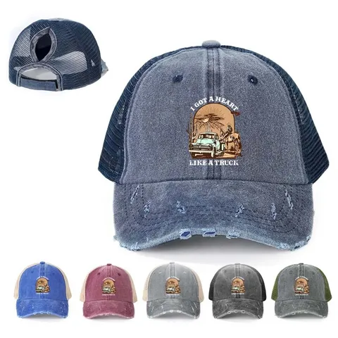 Καπέλο Μπέιζμπολ Ξεβαμμένο Φθαρμένο για Γυναίκες Άνδρες Αμερικάνικο Βίντατζ Τυπωτό Trucker Hat Με Τρύπα για Αλογοουρά Γυρισμένο Γείσο Ρυθμιζόμενο