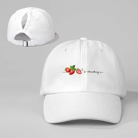 Polyester Strawberry Letter Printed Ponytail Baseball Cap Adjustable Curved Brim Sun Protection Outdoor Breathable Sports Hat For Men Women