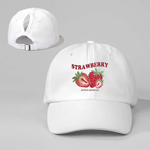 Washed Polyester Strawberry Pattern Ponytail Baseball Cap Adjustable Distressed Letter Print Sun Protection Outdoor Hat