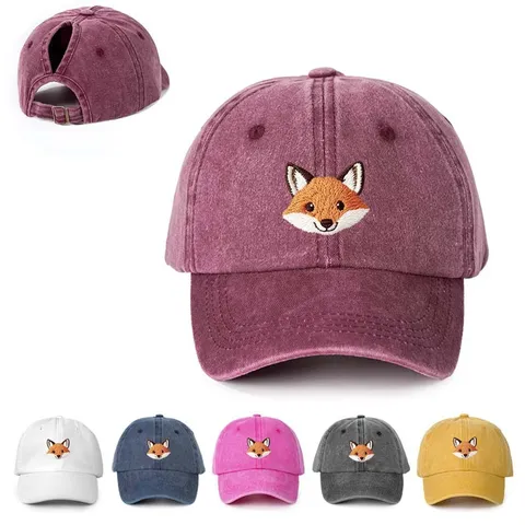 Women Fashion Fox Embroidery Ponytail Baseball Cap Adjustable Sun Protection Washed Cotton Sports Dad Hat Outdoor Travel