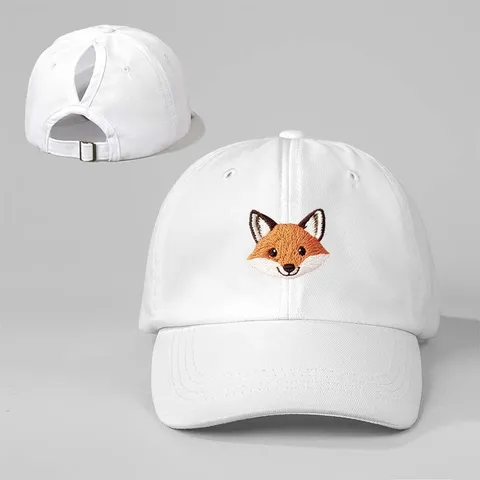 Women Fashion Fox Embroidery Ponytail Baseball Cap Adjustable Sun Protection Washed Cotton Sports Dad Hat Outdoor Travel