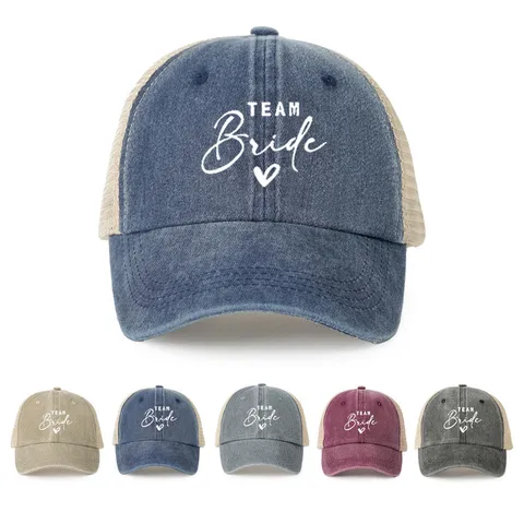 Washed Mesh Baseball Cap Team Bride Letter Print Distressed Trucker Hat For Wedding Bachelorette Party Outdoors Adjustable Sunshade Cap