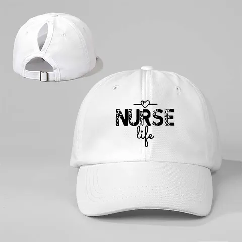 Washed Polyester Ponytail Baseball Cap Nurse Life Heart Print Outdoor Sun Protection Adjustable Dad Hat For Women