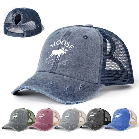 Gorra de Béisbol con Coleta Lavada Vintage de Poliéster Impresión Digital Patrón de Alce Protección Solar al Aire Libre