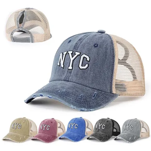 Damen Pferdeschwanz Baseballkappe Vintage Distressed Mesh Trucker Cap Verstellbare Gebogene Krempe Outdoor Sonnenhut
