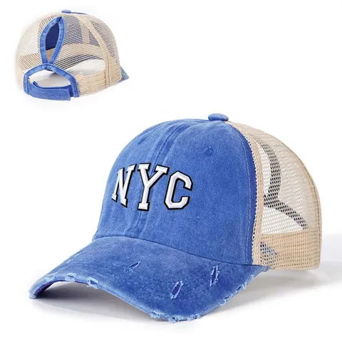 Damen Pferdeschwanz Baseballkappe Vintage Distressed Mesh Trucker Cap Verstellbare Gebogene Krempe Outdoor Sonnenhut