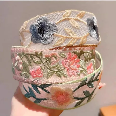Elegant Ethnic Style Mesh Embroidered Floral Headband Women Fabric Wide-Brimmed Hair Hoop Hair Accessories