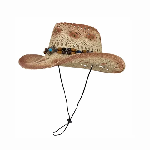 Chapeau de Paille Femme Homme Chapeau de Soleil Cowboy Occidental Ajouré Tissé Chapeau de Plage Été Protection UV Fedora Vintage