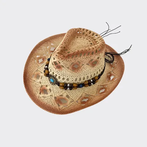 Chapeau de Paille Femme Homme Chapeau de Soleil Cowboy Occidental Ajouré Tissé Chapeau de Plage Été Protection UV Fedora Vintage