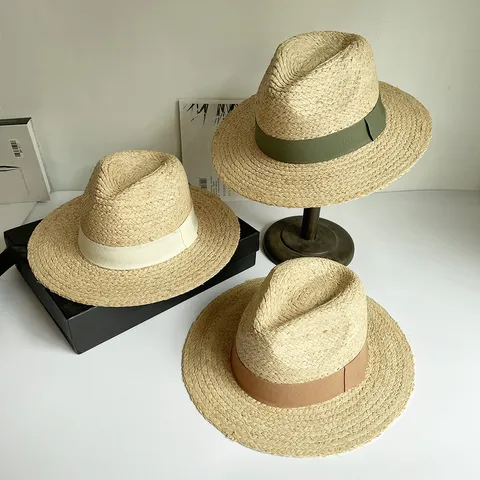 Damen Bast Strohhut Sommer Strand Sonnenhut Handgemacht Flache Krempe Fedora Sonnenschutz Urlaub Reisehut