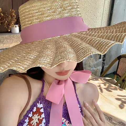 Chapeau de Paille Femme Large Bords Été Plage Chapeau de Soleil Français Plat Dessus Paille Tressée Chapeau de Paname avec Ruban Vacances