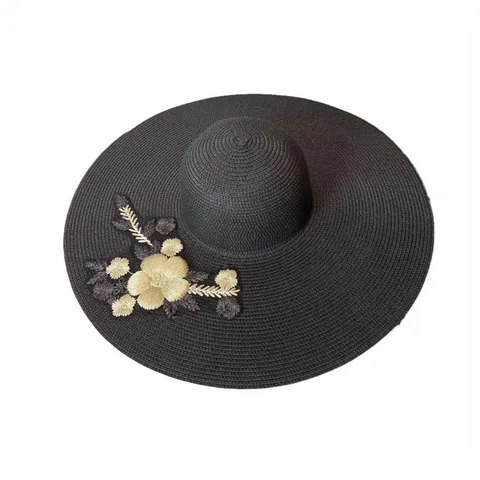 Damen Breite Krempe Strohhut Sommer Strand Sonnenschutz Blumen Stickerei Sonnenhut Damen Outdoor Reise Kappe