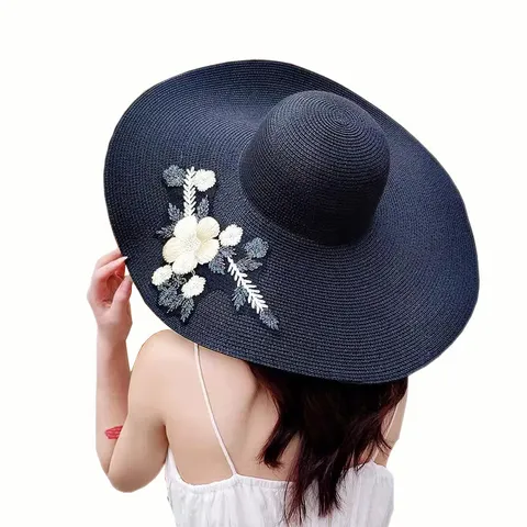 Damen Breite Krempe Strohhut Sommer Strand Sonnenschutz Blumen Stickerei Sonnenhut Damen Outdoor Reise Kappe
