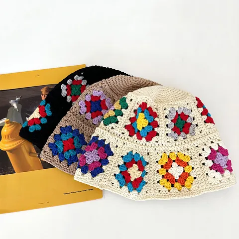 Japanese Sweet Handmade Floral Knit Hat For Women Korean Style Retro Hollow Color Matching Crochet Bucket Hat Winter Warm Woolen Basin Cap