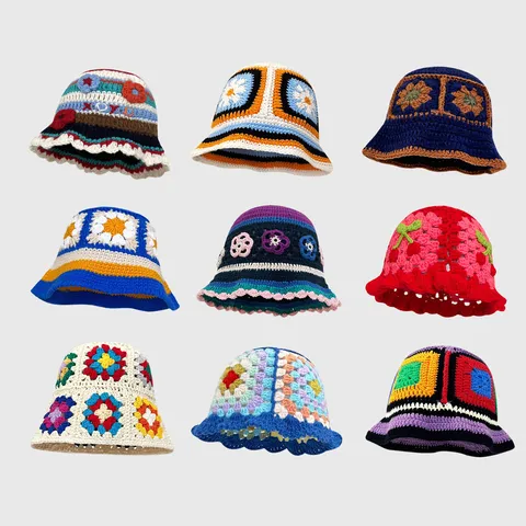 Japanese Sweet Handmade Floral Knit Hat For Women Korean Style Retro Hollow Color Matching Crochet Bucket Hat Winter Warm Woolen Basin Cap