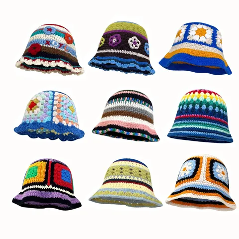 Japanese Vintage Handmade Knit Bucket Hat For Women Sweet Crochet Color Block Flower Striped Autumn Winter Warm Woolen Muts