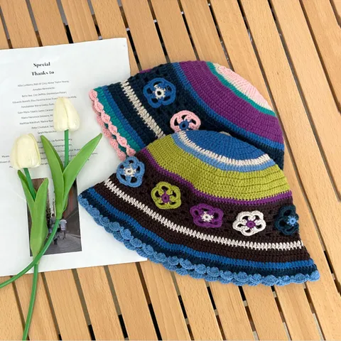 Japanese Vintage Handmade Knit Bucket Hat For Women Sweet Crochet Color Block Flower Striped Autumn Winter Warm Woolen Muts