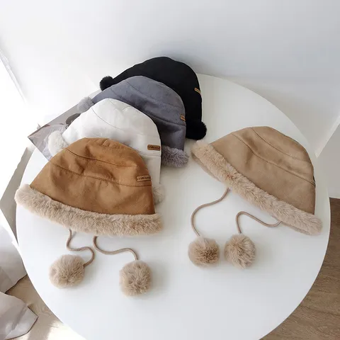 Women Winter Warm Bucket Hat Fleece Lined Faux Suede Ear Protection Basin Hat With Lace-up Pompom Solid Color Windproof Bonnet Cap