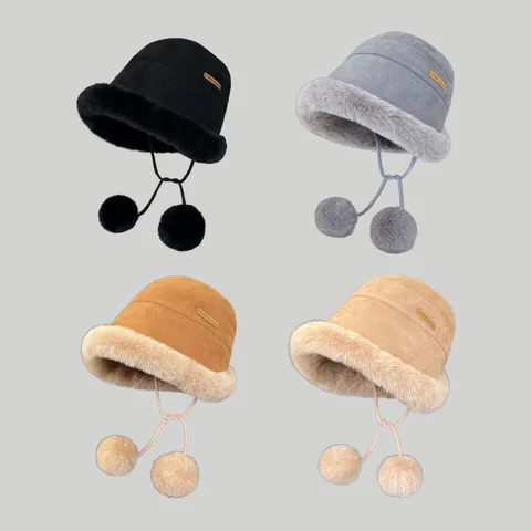 Women Winter Warm Bucket Hat Fleece Lined Faux Suede Ear Protection Basin Hat With Lace-up Pompom Solid Color Windproof Bonnet Cap