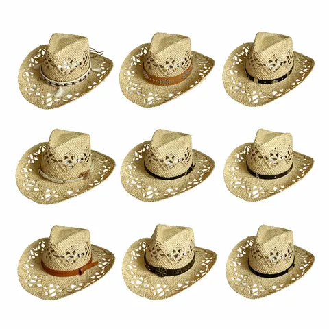 Vintage Hollow Raffia Straw Hat For Women Western Cowboy Jazz Sun Hat Leather Belt Buckle Decor Beach Wide Brim Fedora